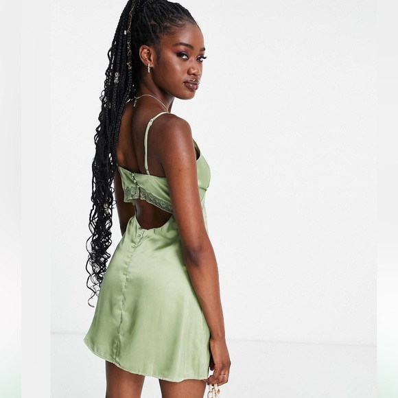 Love Triangle Satin Cami Dress With Lace Trim - Sage Green - Picture 3 of 7